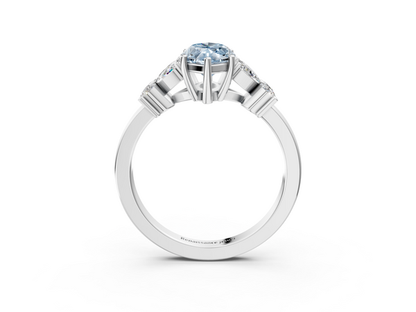 White gold Fancy Blue Marquise  Diamond Floral Cluster Ring with Solitaire Band and Prong Setting