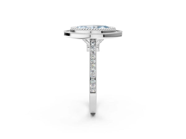 White gold Fancy Blue Marquise  Diamond Halo Ring with Milgrain Frame and Pavé Band