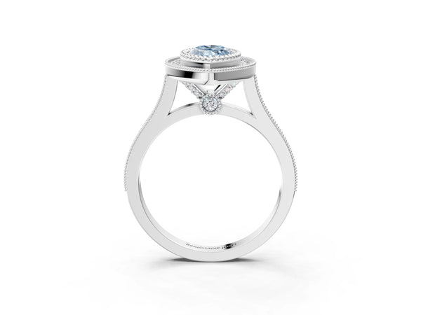 White gold Fancy Blue Marquise  Diamond Halo Ring with Milgrain Frame and Pavé Band