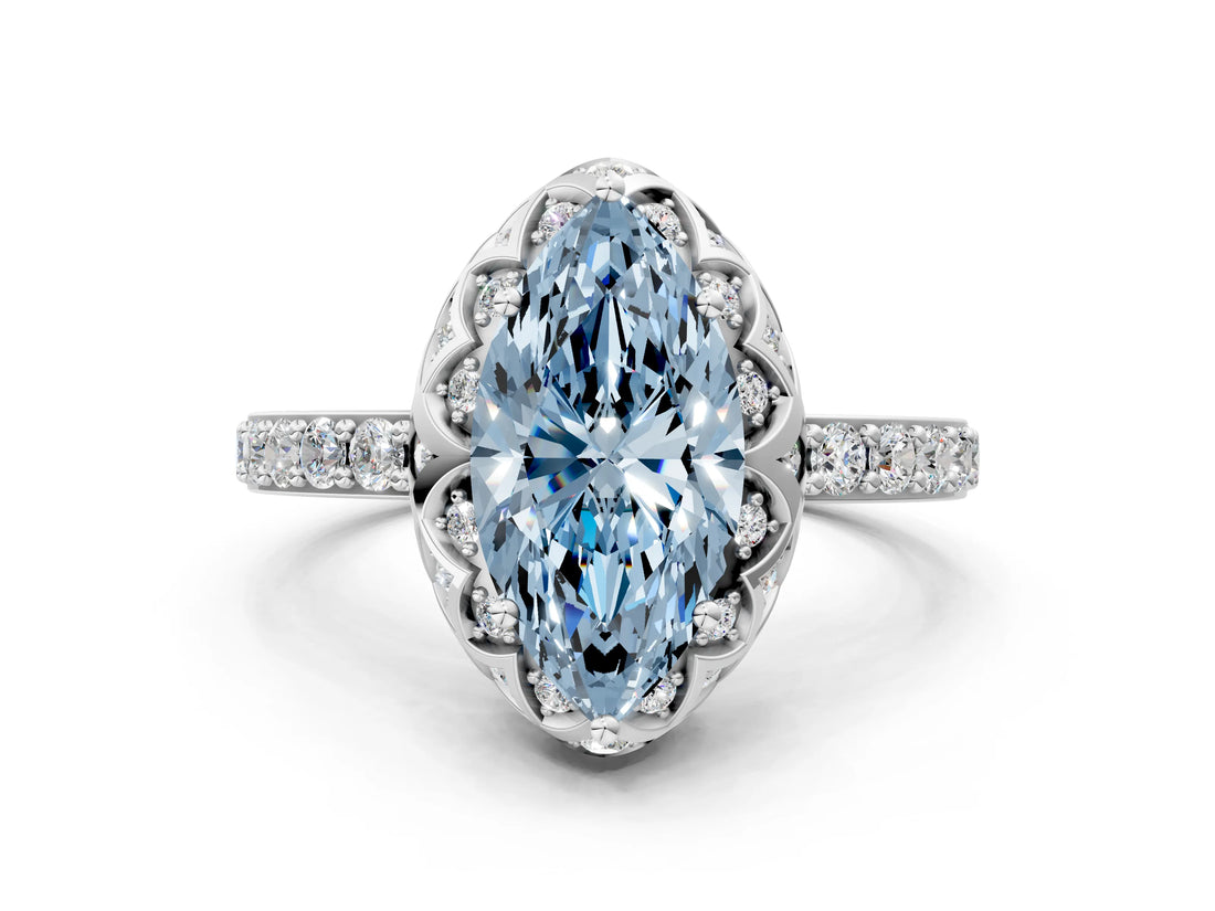 White gold Fancy Blue Marquise  Diamond Solitaire Ring with Shared Prong Pavé Band_91