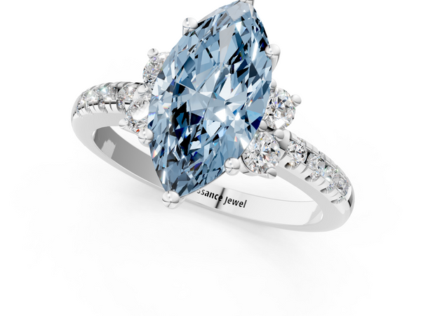 Platinum Fancy Blue Marquise  Diamond Three-Stone Pave Band with Four-Prong Setting