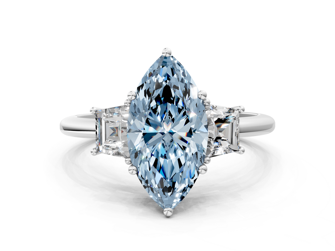 White gold Fancy Blue Marquise  Diamond Three-Stone Ring with Trapezoid Side Stones and Prong Setting_17