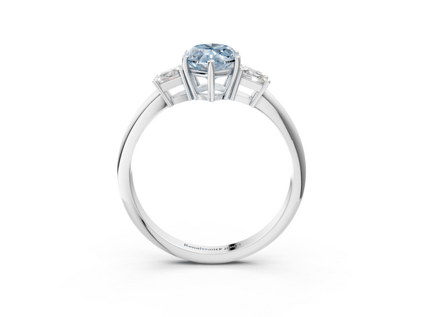 Platinum Fancy Blue Marquise  Diamond Three-Stone Ring with Trapezoid Side Stones and Prong Setting