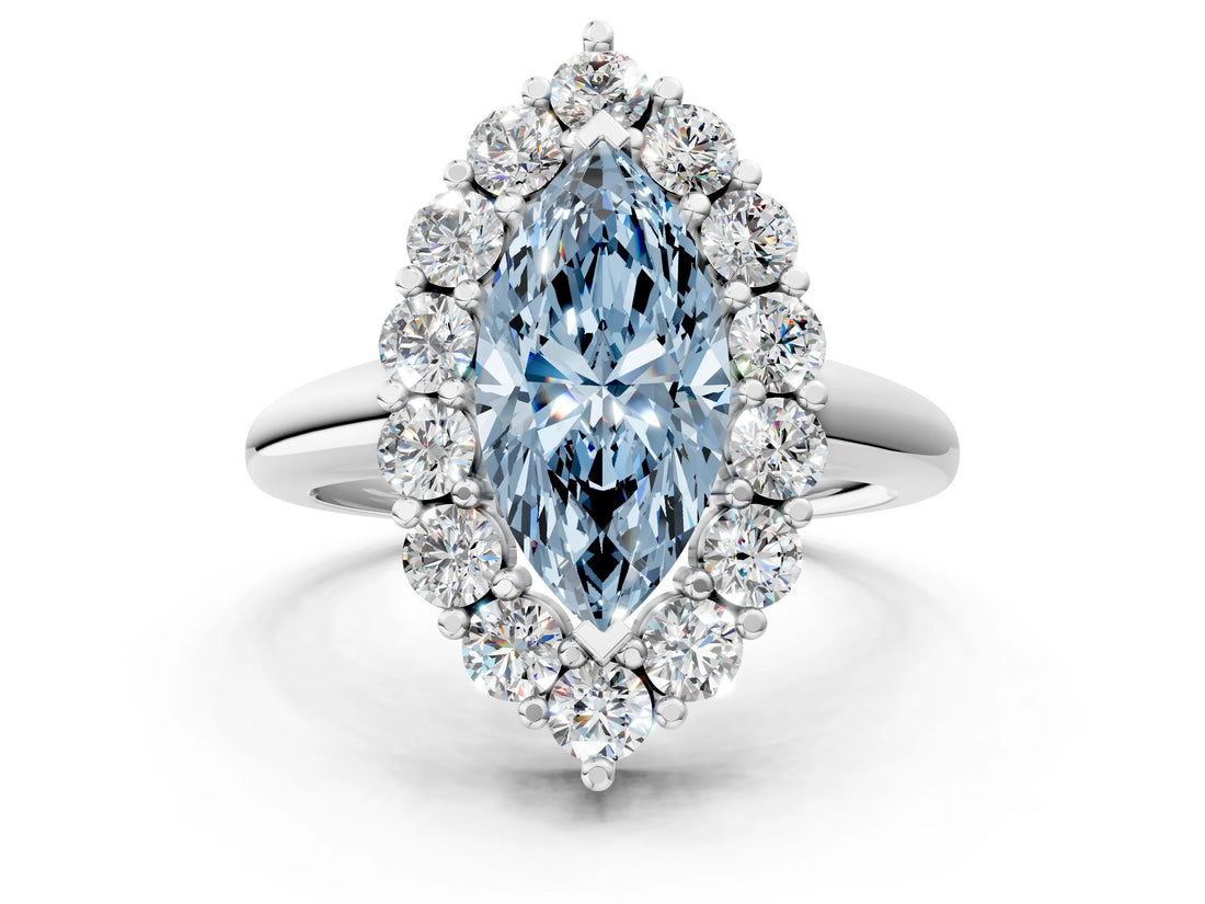 White gold Fancy Blue Marquise  Halo Cluster Diamond Engagement Ring with Prong Setting and Polished Band_57