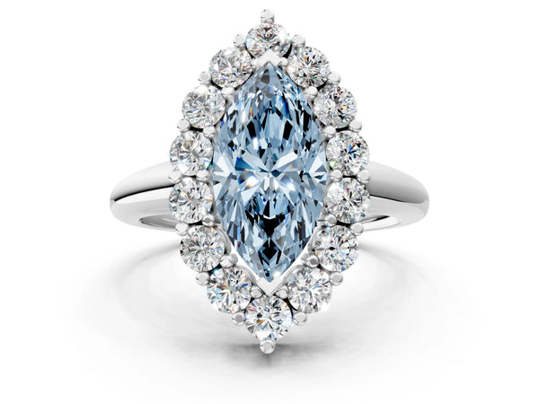 White gold Fancy Blue Marquise  Halo Cluster Diamond Engagement Ring with Prong Setting and Polished Band