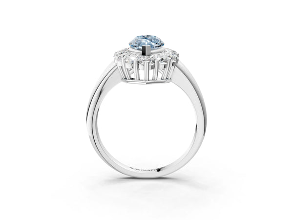 White gold Fancy Blue Marquise  Halo Cluster Diamond Engagement Ring with Prong Setting and Polished Band