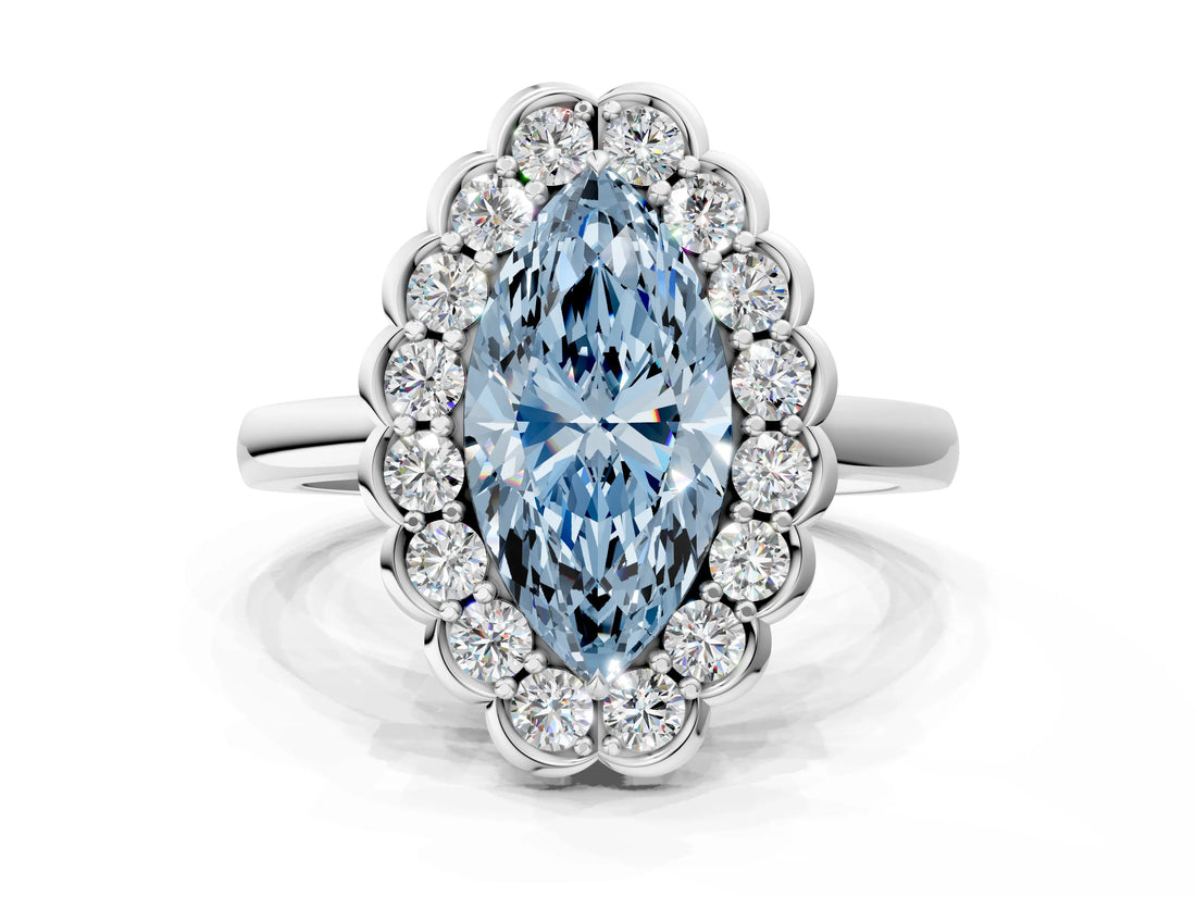 White gold Fancy Blue Marquise  Halo Cluster Diamond Engagement Ring with Solitaire Band and Prong Setting_49