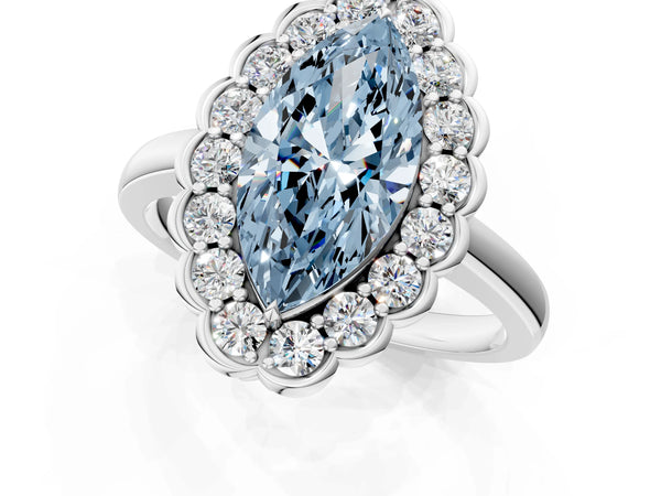 Platinum Fancy Blue Marquise  Halo Cluster Diamond Engagement Ring with Solitaire Band and Prong Setting