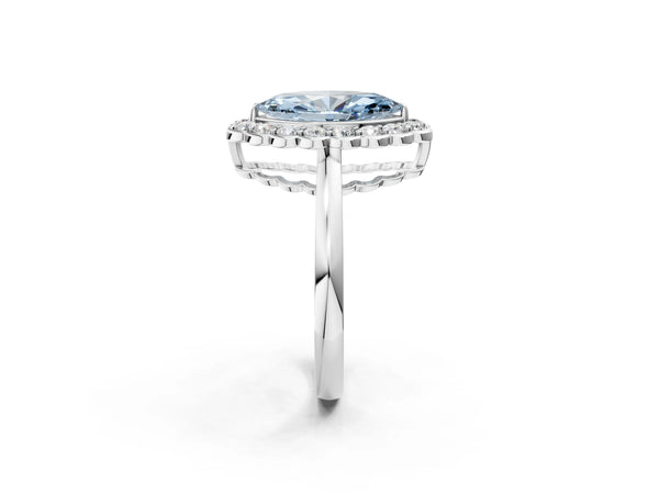 Platinum Fancy Blue Marquise  Halo Cluster Diamond Engagement Ring with Solitaire Band and Prong Setting