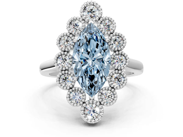 White gold Fancy Blue Marquise  Halo Diamond Cluster Engagement Ring with Milgrain Bezel Setting and Solitaire Band