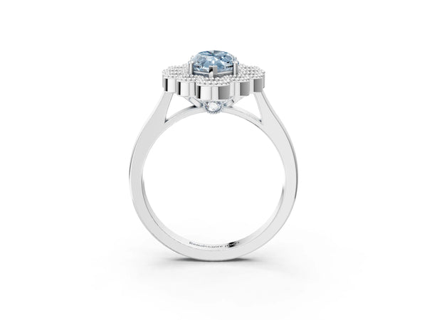 White gold Fancy Blue Marquise  Halo Diamond Cluster Engagement Ring with Milgrain Bezel Setting and Solitaire Band
