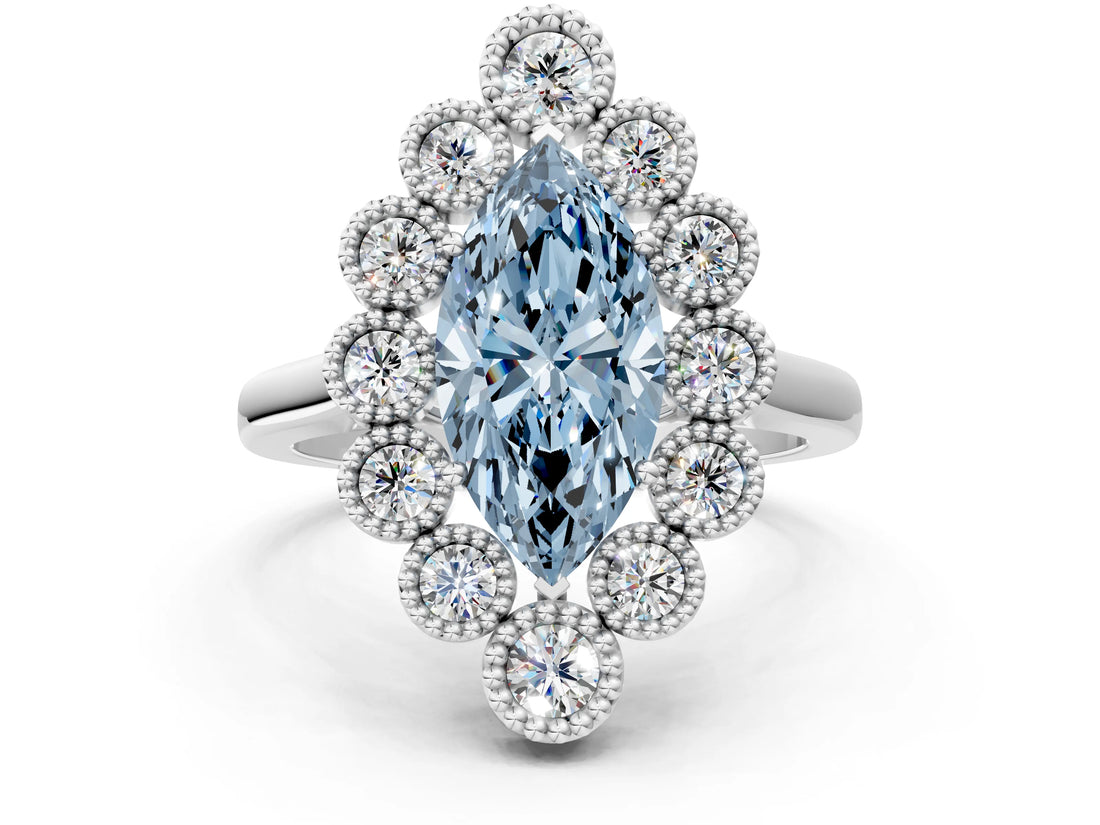 White gold Fancy Blue Marquise  Halo Diamond Cluster Engagement Ring with Milgrain Bezel Setting and Solitaire Band_81