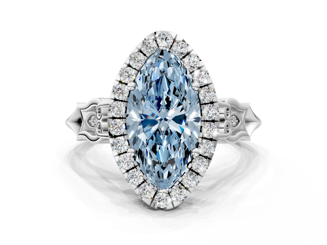 White gold Fancy Blue Marquise  Halo Diamond Engagement Ring with Filigree Band and Four-Prong Setting_105