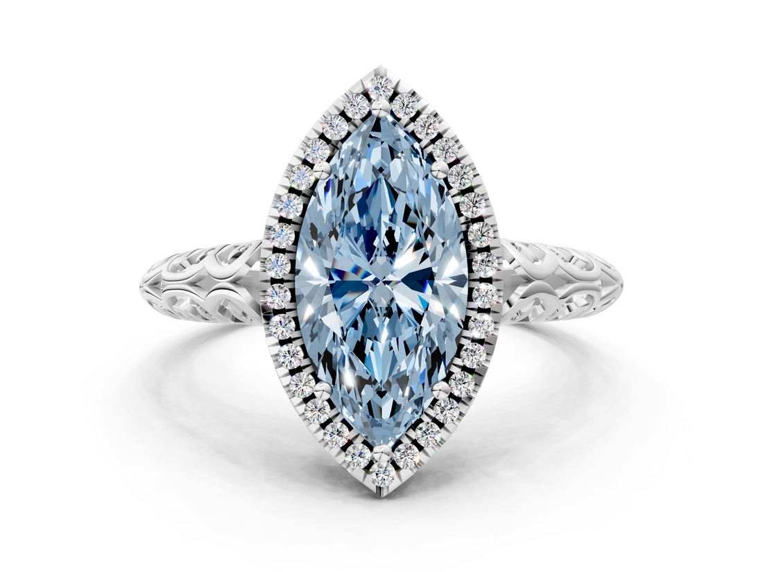 White gold Fancy Blue Marquise  Halo Diamond Engagement Ring with Intricate Filigree Band and Four-Prong Setting_71