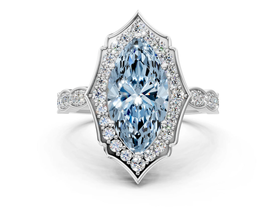 White gold Fancy Blue Marquise  Halo Diamond Engagement Ring with Milgrain Band and Four-Prong Setting_66