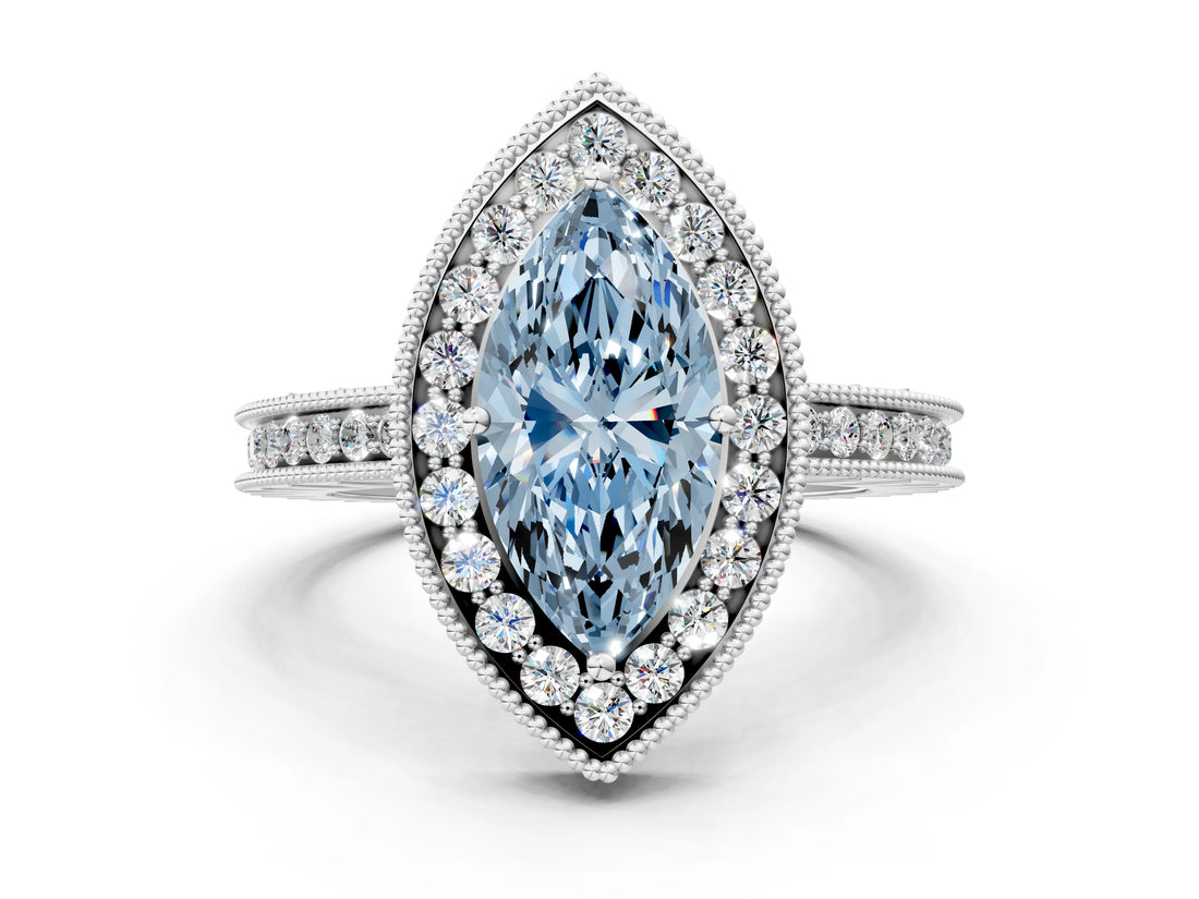 White gold Fancy Blue Marquise  Halo Diamond Engagement Ring with Milgrain Pave Band and Four-Prong Setting_146