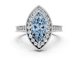 White gold Fancy Blue Marquise  Halo Diamond Engagement Ring with Milgrain Pave Band and Four-Prong Setting_146