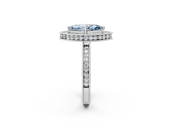 Platinum Fancy Blue Marquise  Halo Diamond Engagement Ring with Milgrain Pave Band and Four-Prong Setting