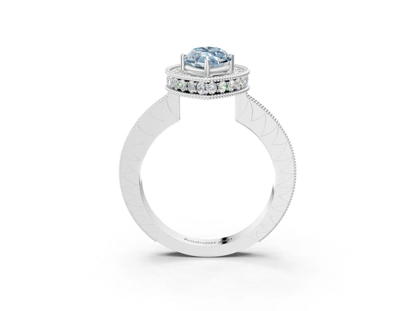Platinum Fancy Blue Marquise  Halo Diamond Engagement Ring with Milgrain Pave Band and Four-Prong Setting