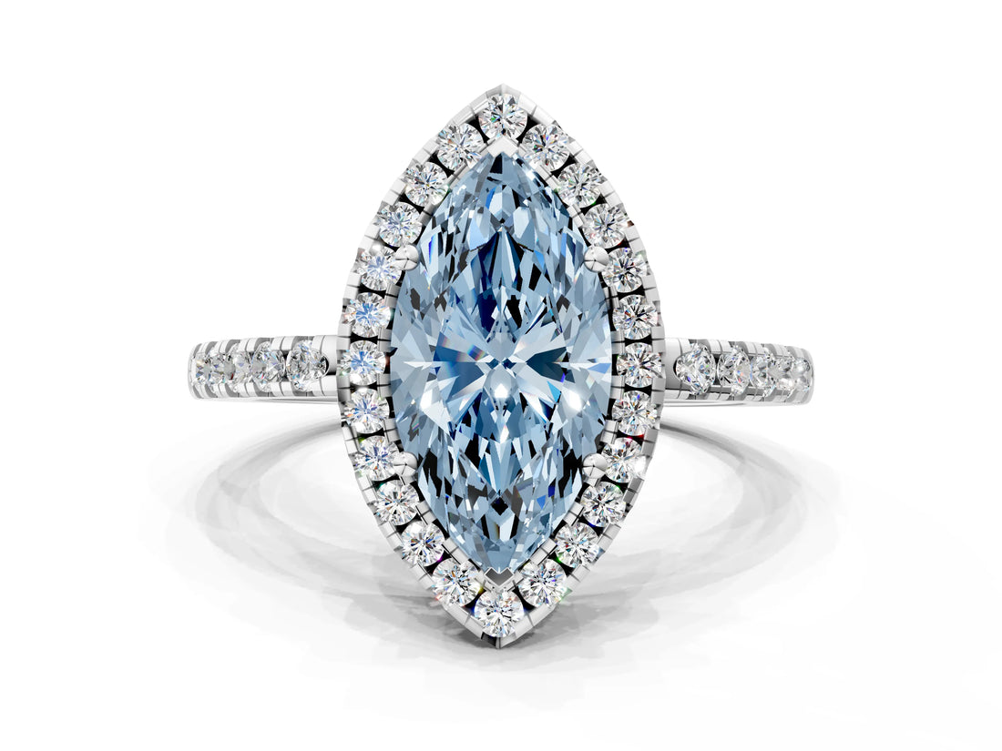White gold Fancy Blue Marquise  Halo Diamond Engagement Ring with Pavé Band and Four-Prong Setting_19
