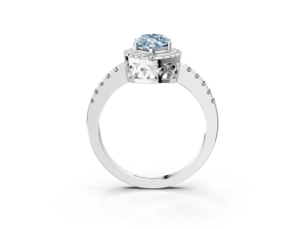 White gold Fancy Blue Marquise  Halo Diamond Engagement Ring with Pavé Band and Four-Prong Setting