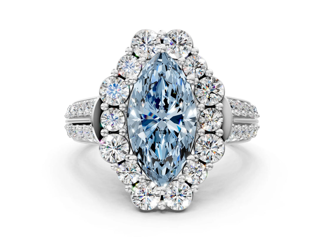 White gold Fancy Blue Marquise  Halo Diamond Engagement Ring with Split Shank and Prong Setting_66