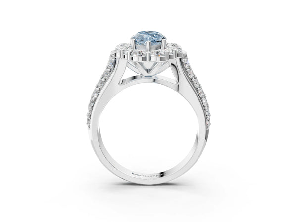 White gold Fancy Blue Marquise  Halo Diamond Engagement Ring with Split Shank and Prong Setting