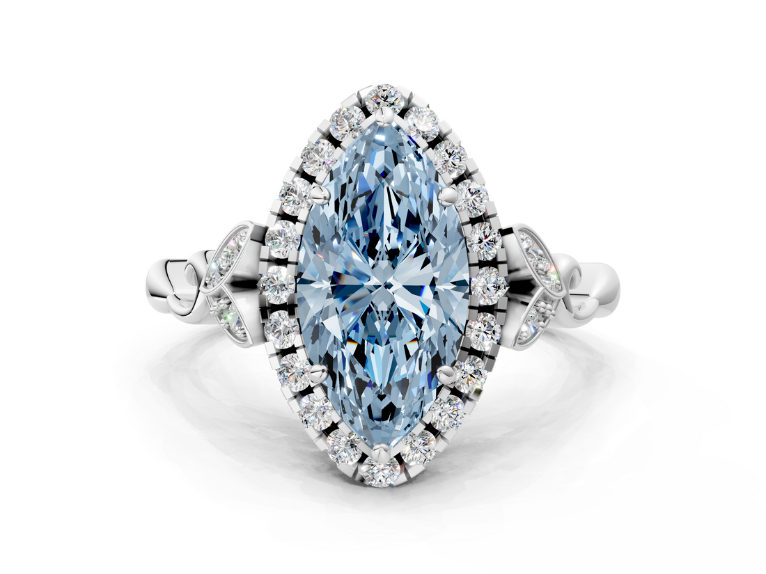 White gold Fancy Blue Marquise  Halo Diamond Engagement Ring with Vintage-Inspired Band and Four-Prong Setting_3