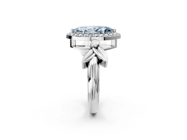 White gold Fancy Blue Marquise  Halo Diamond Floral Band with Four-Prong Setting