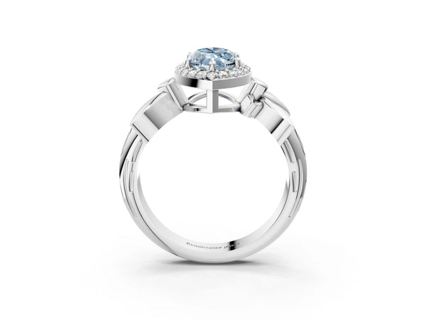 White gold Fancy Blue Marquise  Halo Diamond Floral Band with Four-Prong Setting