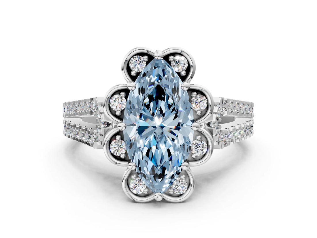 White gold Fancy Blue Marquise  Halo Diamond Floral Split Shank Engagement Ring