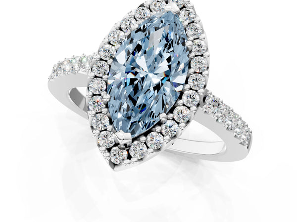 White gold Fancy Blue Marquise  Halo Diamond Pavé Solitaire Ring
