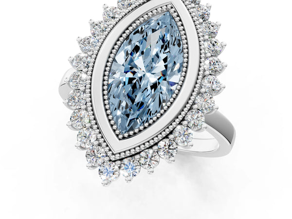 White gold Fancy Blue Marquise  Halo Diamond Ring with Milgrain Edge and Round Prong Setting