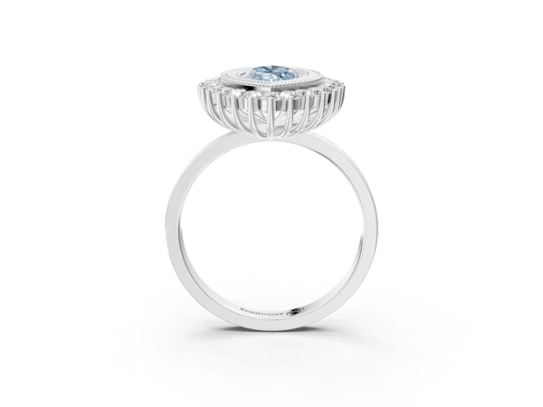 White gold Fancy Blue Marquise  Halo Diamond Ring with Milgrain Edge and Round Prong Setting
