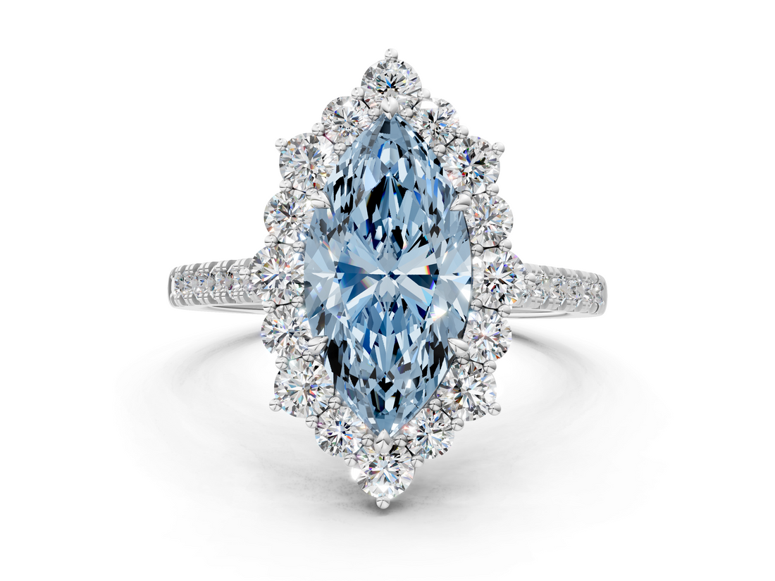 White gold Fancy Blue Marquise  Halo Diamond Ring with Pavé Band and Prong Setting_37