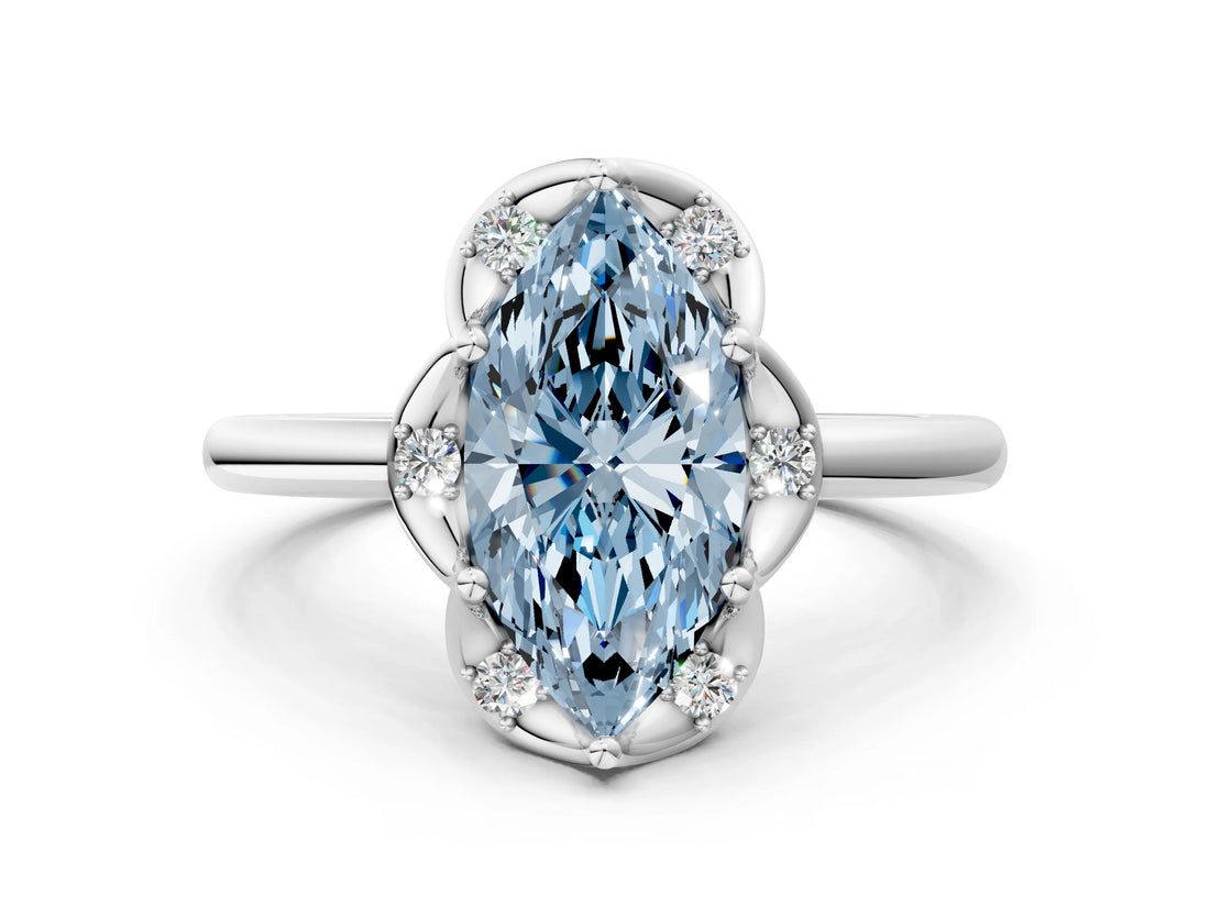White gold Fancy Blue Marquise  Halo Diamond Ring with Round Cluster Setting, Solitaire Band, and Four-Prong Setting_106