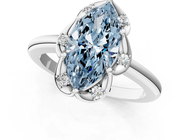 Platinum Fancy Blue Marquise  Halo Diamond Ring with Round Cluster Setting, Solitaire Band, and Four-Prong Setting