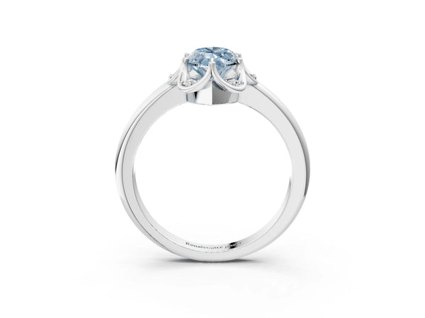 Platinum Fancy Blue Marquise  Halo Diamond Ring with Round Cluster Setting, Solitaire Band, and Four-Prong Setting