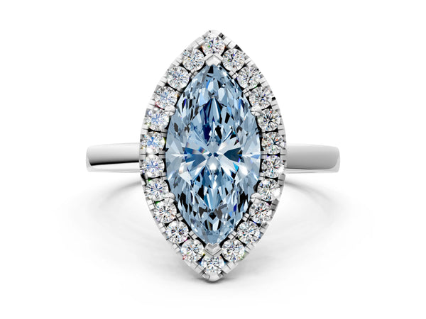 White gold Fancy Blue Marquise  Halo Diamond Solitaire with Pavé Band and Four-Prong Setting