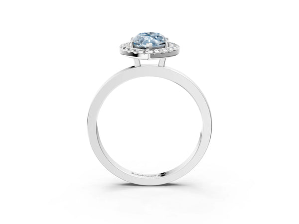 White gold Fancy Blue Marquise  Halo Diamond Solitaire with Pavé Band and Four-Prong Setting