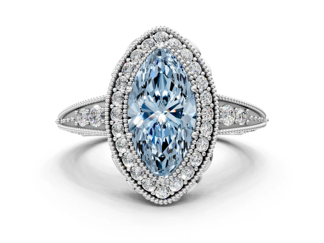 White gold Fancy Blue Marquise  Halo Diamond Split Shank Ring with Milgrain Detail_49