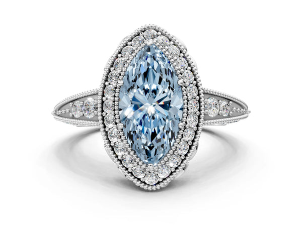 White gold Fancy Blue Marquise  Halo Diamond Split Shank Ring with Milgrain Detail