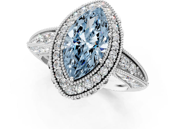 White gold Fancy Blue Marquise  Halo Diamond Split Shank Ring with Milgrain Detail