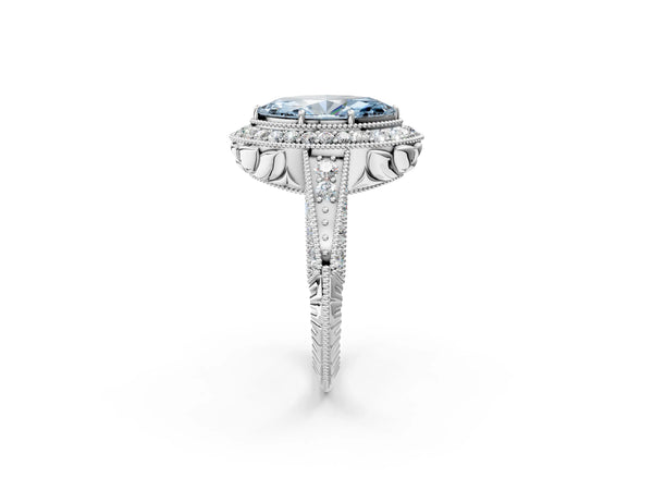 White gold Fancy Blue Marquise  Halo Diamond Split Shank Ring with Milgrain Detail