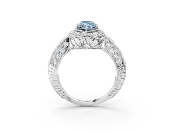 White gold Fancy Blue Marquise  Halo Diamond Split Shank Ring with Milgrain Detail