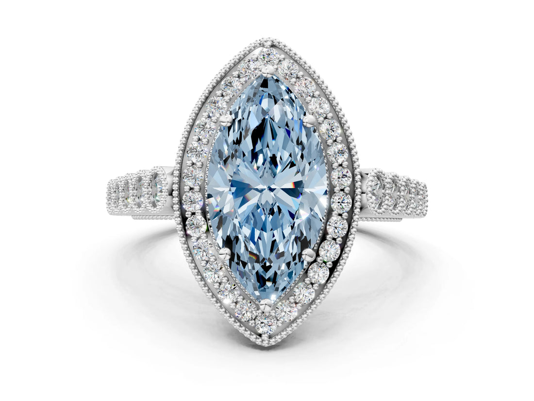 White gold Fancy Blue Marquise  Halo Milgrain Solitaire with Bezel Set Side Stones and Pave Band_33