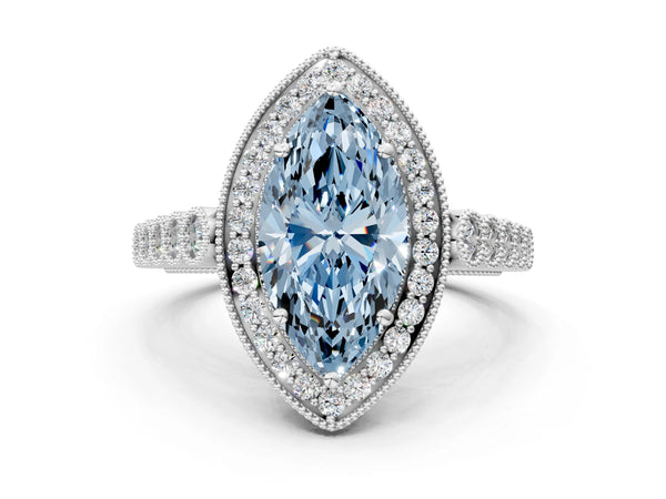 White gold Fancy Blue Marquise  Halo Milgrain Solitaire with Bezel Set Side Stones and Pave Band