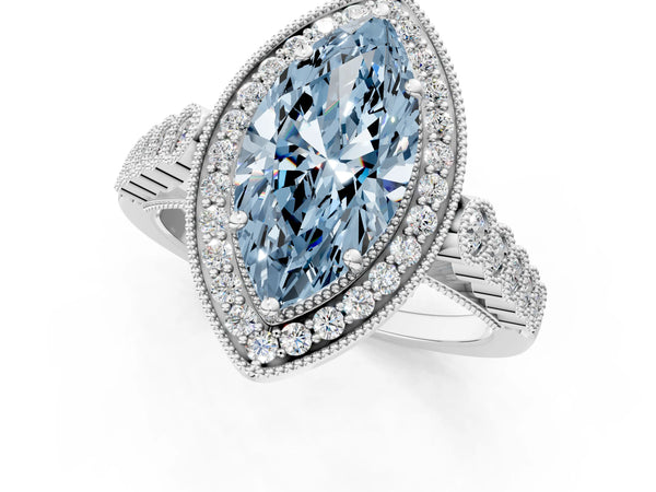 White gold Fancy Blue Marquise  Halo Milgrain Solitaire with Bezel Set Side Stones and Pave Band