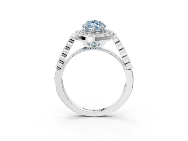 White gold Fancy Blue Marquise  Halo Milgrain Solitaire with Bezel Set Side Stones and Pave Band