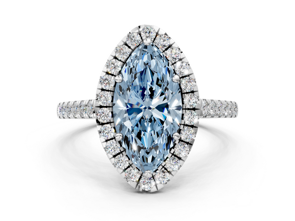 White gold Fancy Blue Marquise  Halo Pavé Diamond Engagement Ring with Four-Prong Setting